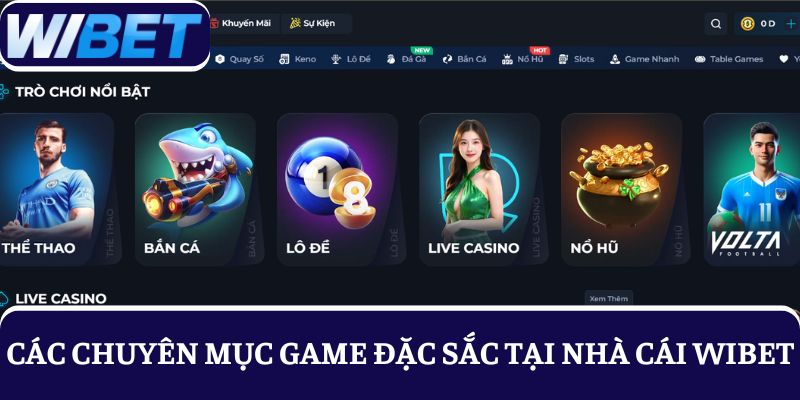 Các chuyên mục game cá cược tại WIBET